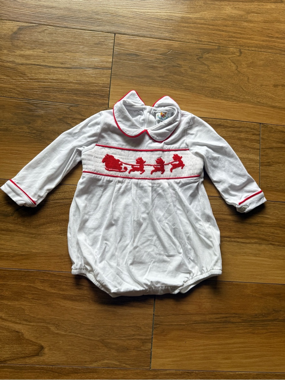 Baby Beau & Belle Christmas Smocked Santa Sleigh Bubble Romper 18M